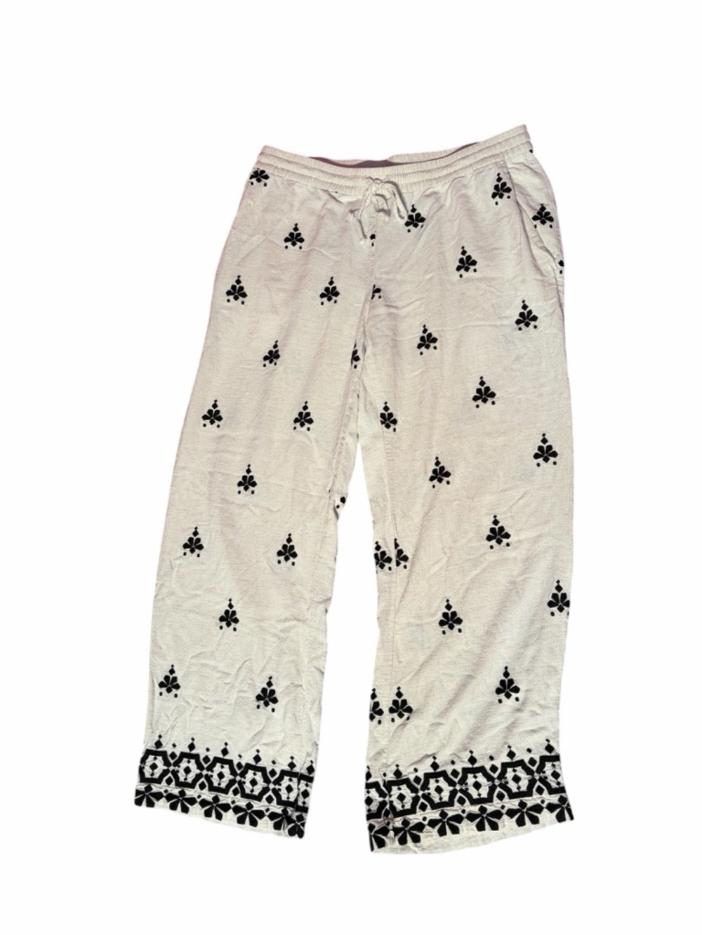 Zara White Embroidered Wide Leg Pants XL Boho Linen Blend Pull-On